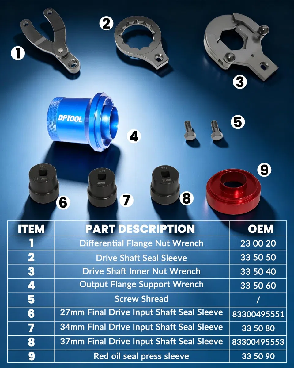 DPTOOL Werkzeugsatz zum EIN- und Ausbauen des Differentials der Hinterachse, kompatibel mit BMW M2 M3 M4 M5 E70 E90 E91 E92 X3 X5 X6 RWD 4WD 7er-Reihe, ersetzt 335040 mit 27/34/37-Zahn-Steckschlüssel