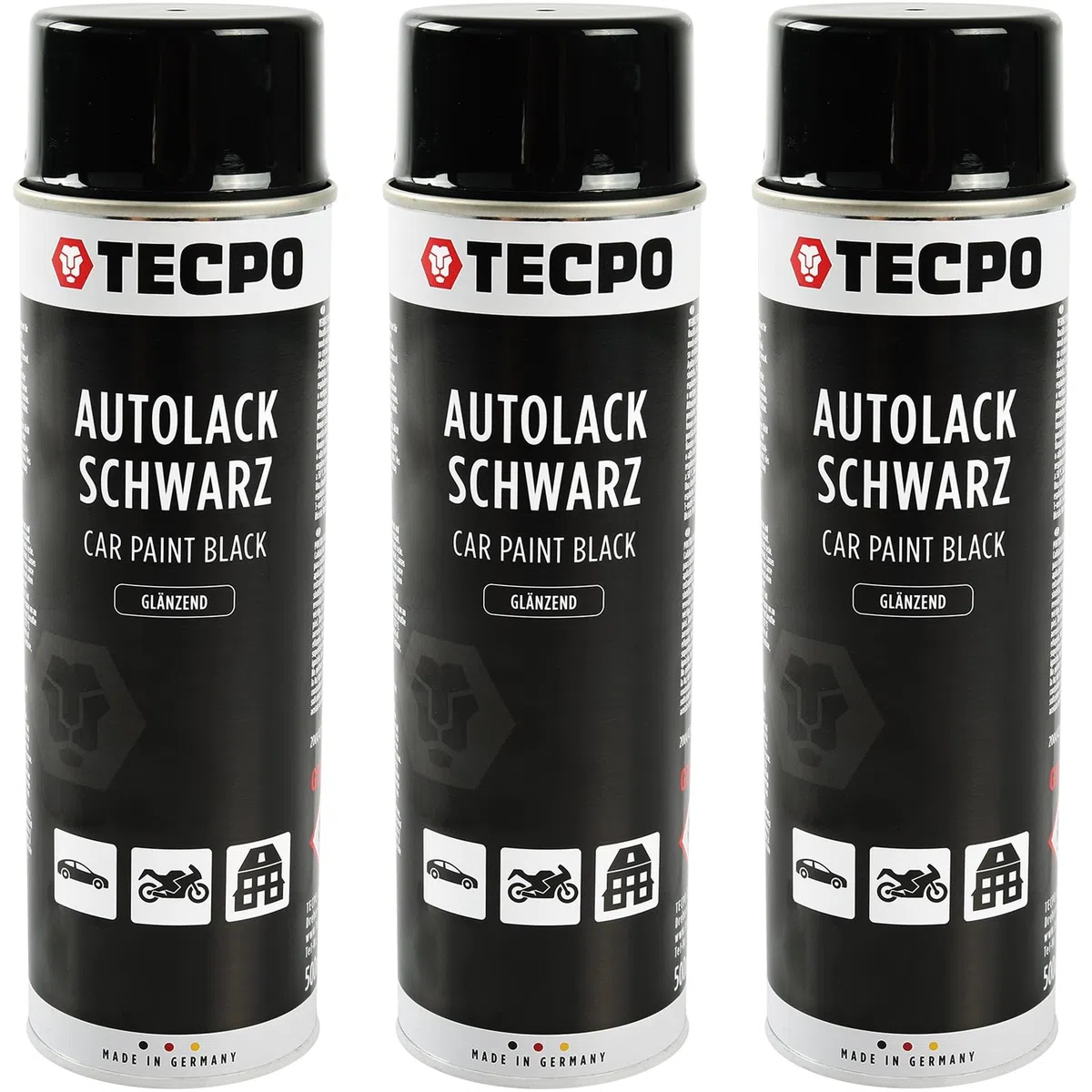 TECPO Lackspray schwarz glänzend, 3x500ml Autolack Rallyschwarz Sprühlack Farbspray mit hoher Deckkraft für Innen- und Außenbereich
