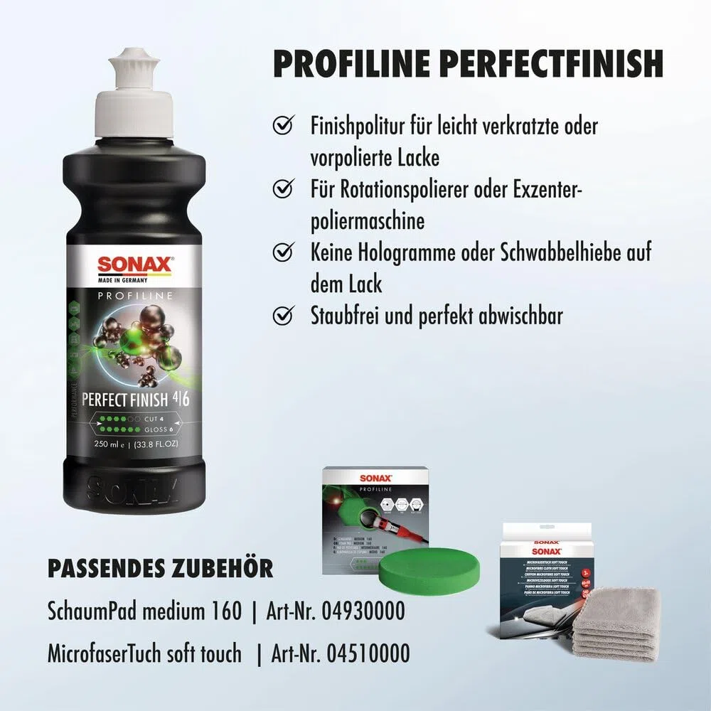 SONAX PROFILINE PerfectFinish (250 ml) Finishpolitur zum 1-stufigen Polieren von lokal ausgeschliffenen Lackschäden wie Staubeinschlüssen oder Läufern | Art-Nr. 02241410