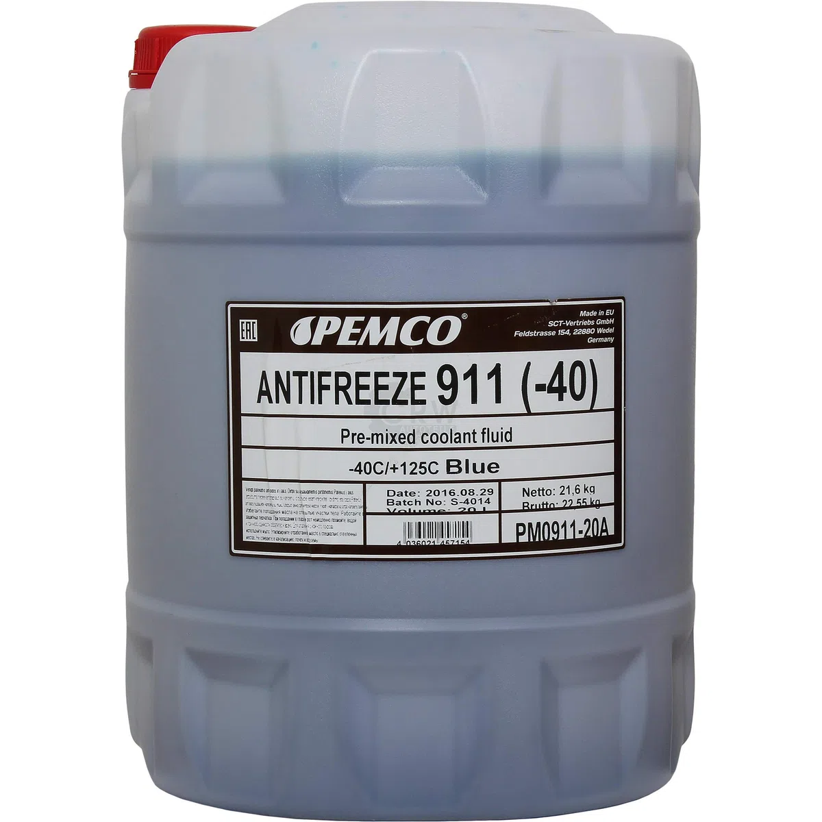 5x 20 L PEMCO Antifreeze 911 Kühlerfrostschutz blau Fertiggemisch + Auslaufhahn Typ G11