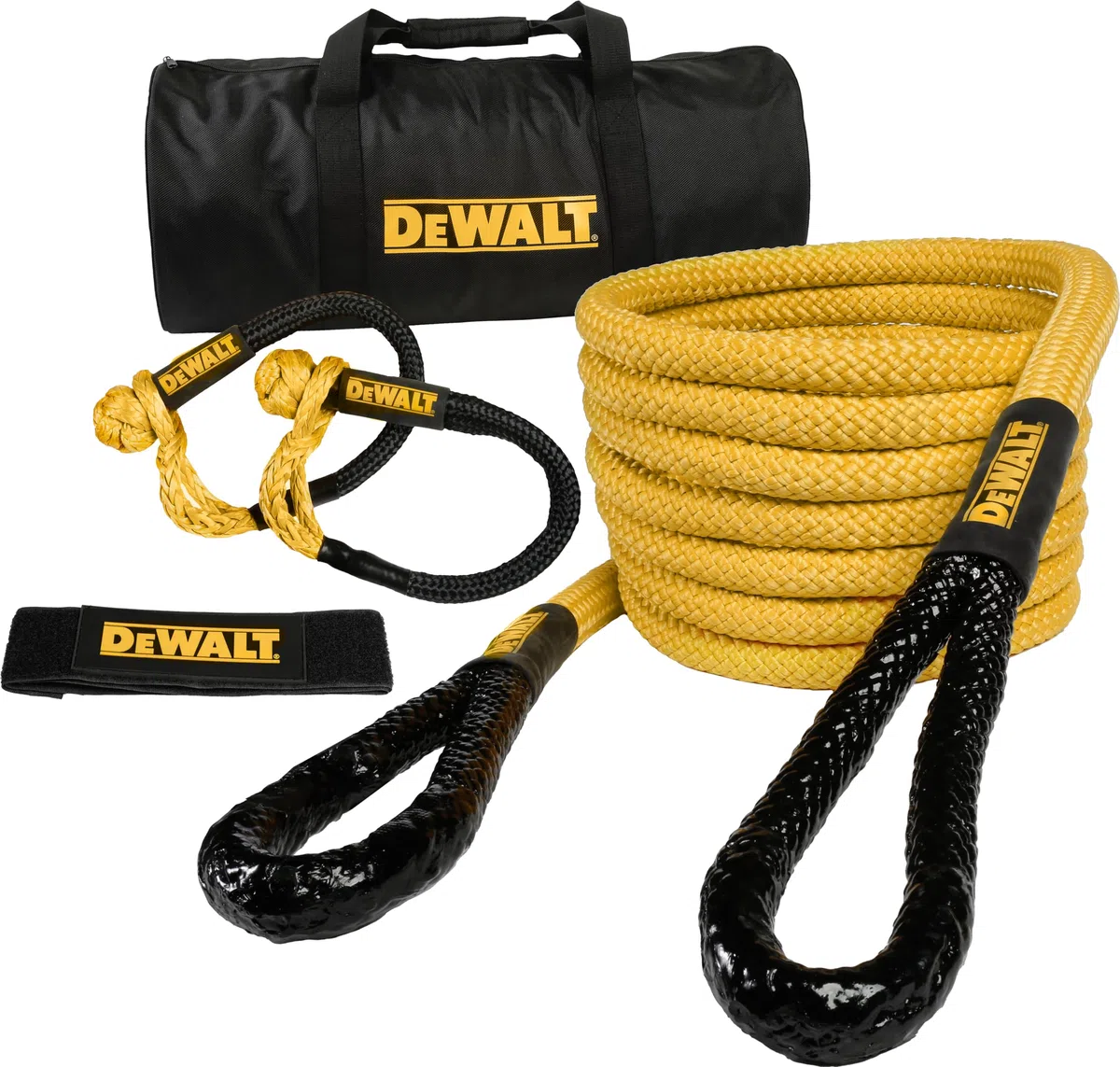 DEWALT DXBC90006 kinetisches Abschleppseil-Erholungsset mit 2 weichen Schäkeln (13,3 kg Bruchfestigkeit), Schwarz/Gelb, 2,2 x 9,2 m