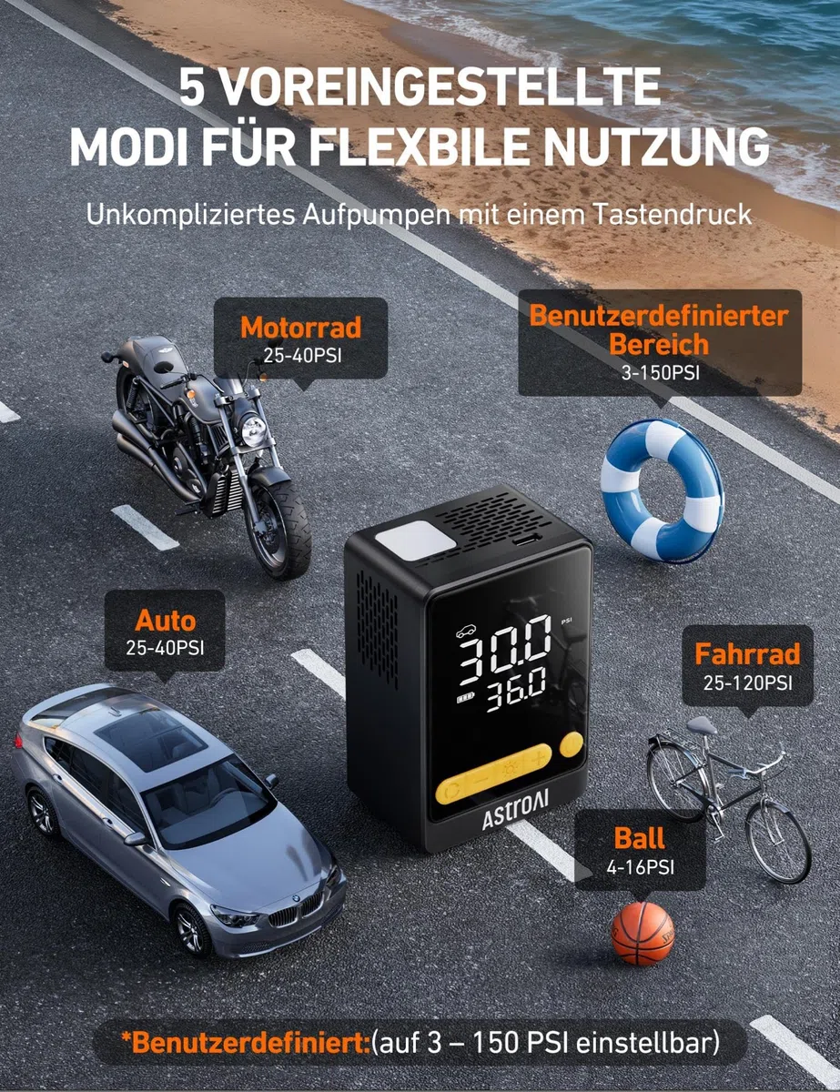 AstroAI Fahrradpumpe Elektrische Luftpumpe, 150PSI Kabellose integrierte Akku-Luftpumpe mit Autostop, 2X Schnelleres Aufpumpen in 70 s, Tragbare Reifenpumpe für Auto, Rennrad, Motorrad, Bälle