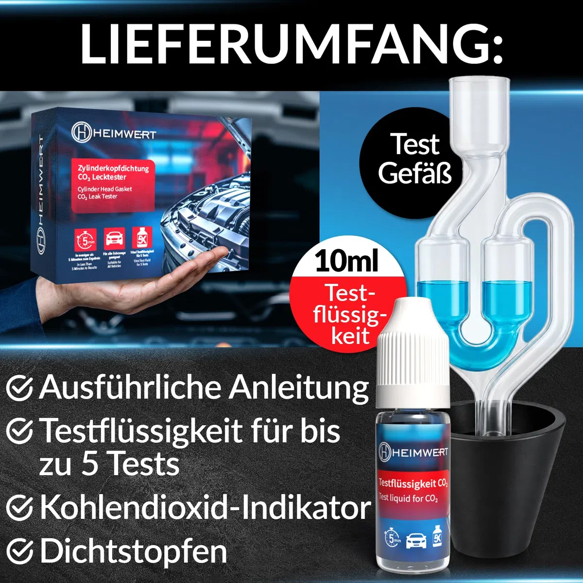 Heimwert Zylinderkopfdichtung Tester ohne Herumschrauberei - extrem günstiger und zuverlässiger Kühlmittel Dichtheitstest per Farbwechsel - co2 Tester Kühlwasser u Zylinderkopf KFZ u Motorrad (10 ml)