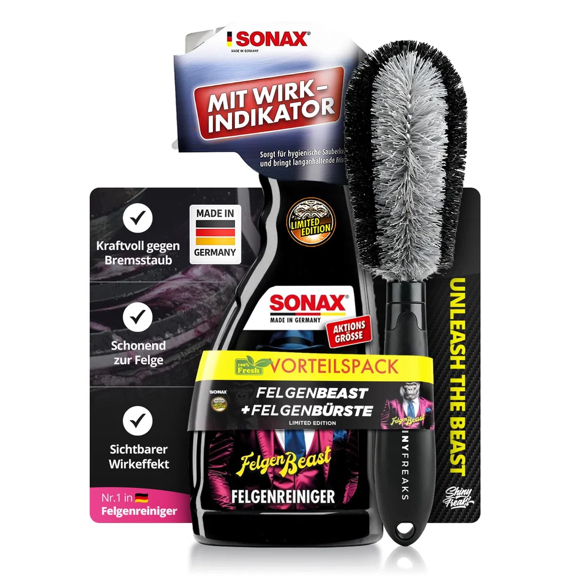 SONAX Felgenreinigung Set FelgenBeast Sonderedition (500ml) Premium Auto Felgenreiniger + ShinyFreaks Felgenbürste - Für eine schonende & gründliche Reinigung für Alufelgen & Stahlfelgen | 2-teilig