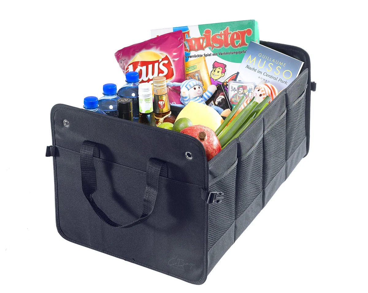 Kofferraumtasche groß aus Polyester mit stabilem Boden - Klappbox Kofferraumbox Faltbox Organizer Autobox Tasche Auto Kofferraum Zubehör (schwarz)