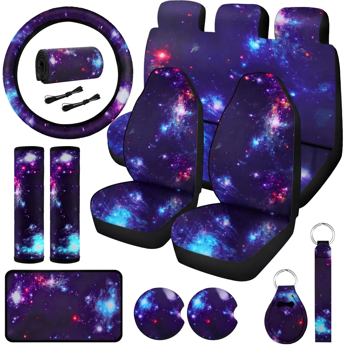Frienda 15 Stück Galaxy-Autositzbezug Lenkradbezug Universal Stern Space Galaxy Auto Zubehör Separate Kopfstützenbezüge Sicherheitsgurtpolster passend für Auto LKW Van SUV