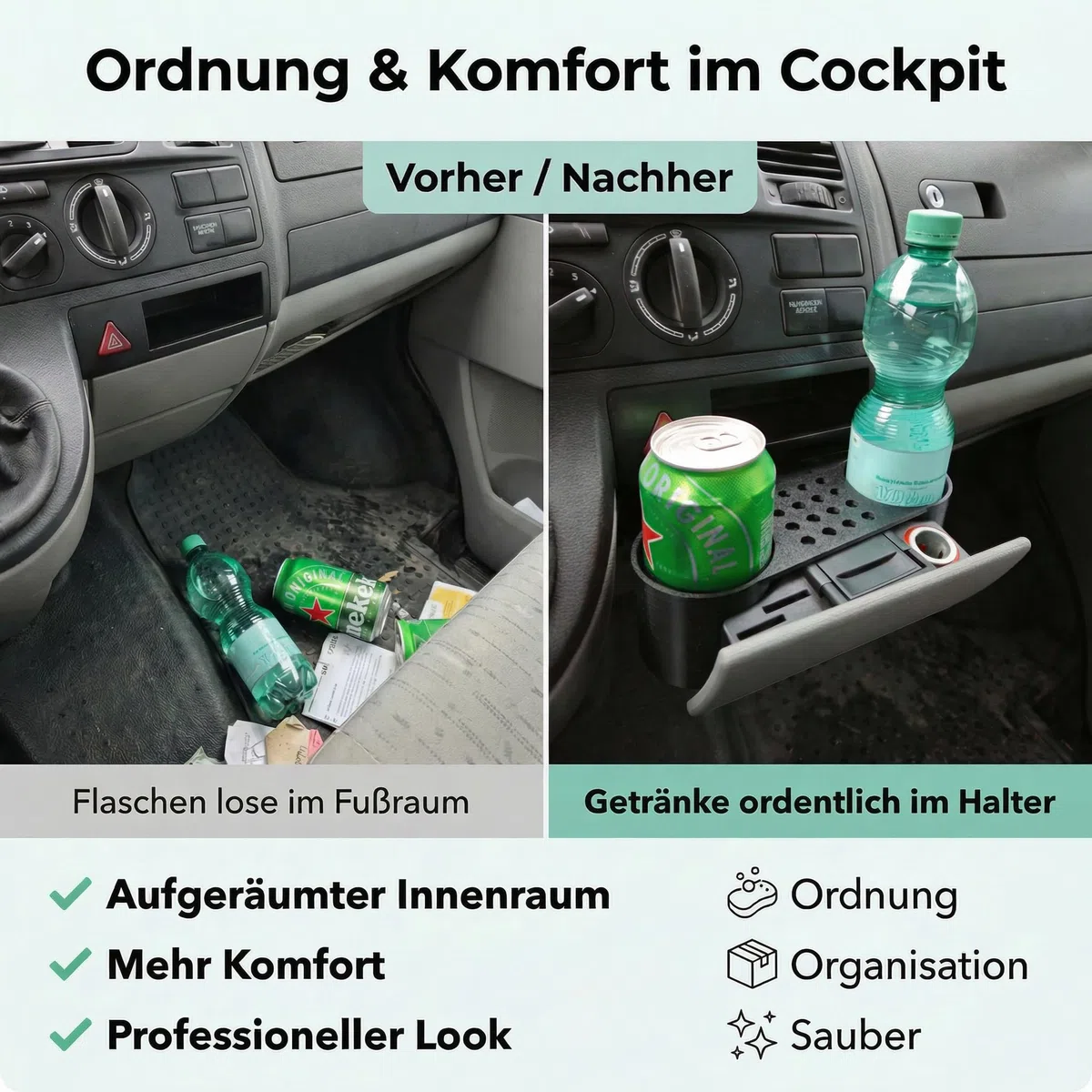 Becherhalter passend für VW T5 T5.1 Transporter für Mittelkonsole - Getränkehalter Volkswagen T5 Schwarz