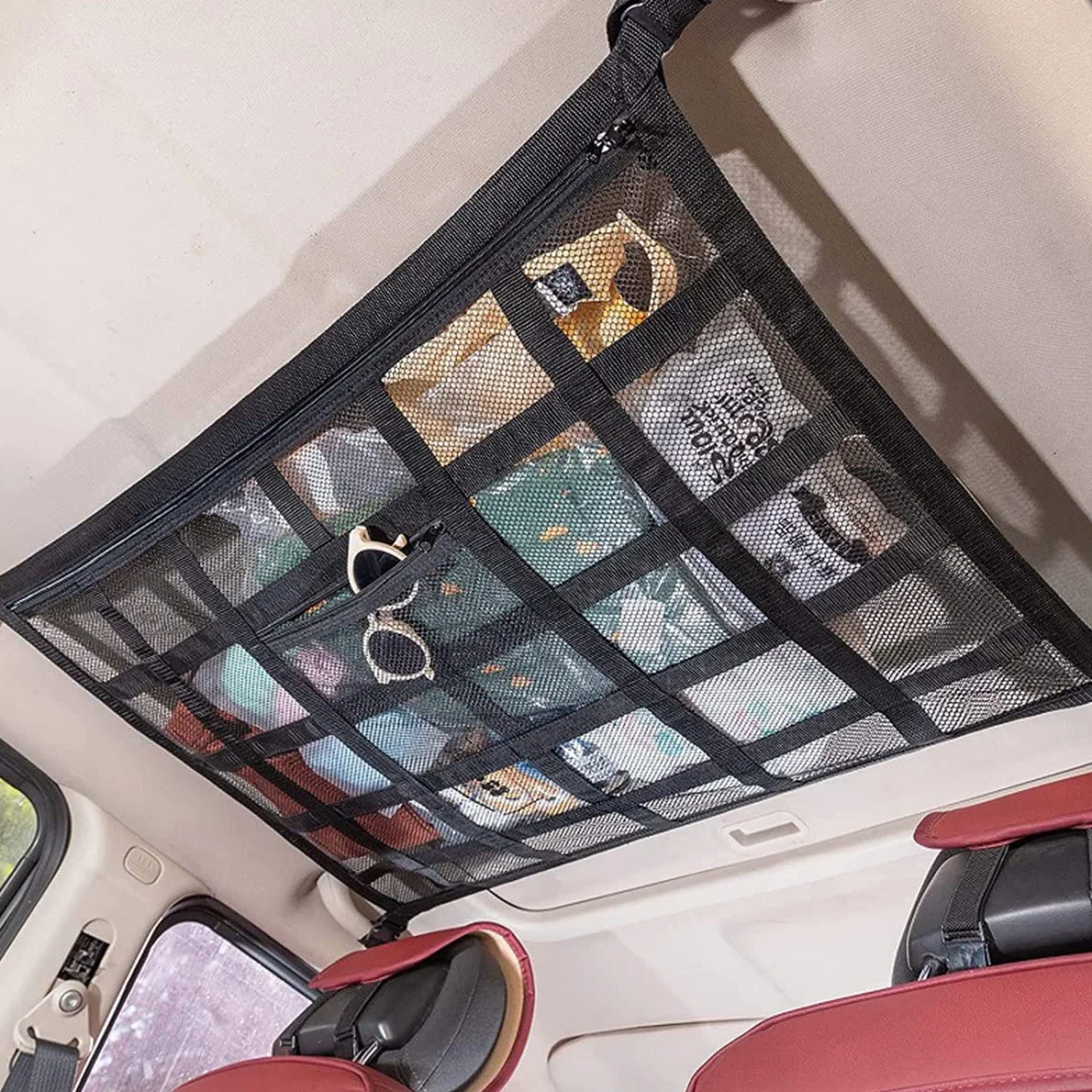 Gepäcknetz Auto für Aufbewahrung, Auto Gepäcknetz, Universal Autodach Gepäcknetz Decke, Netztasche mit Reißverschluss, 90X65CM