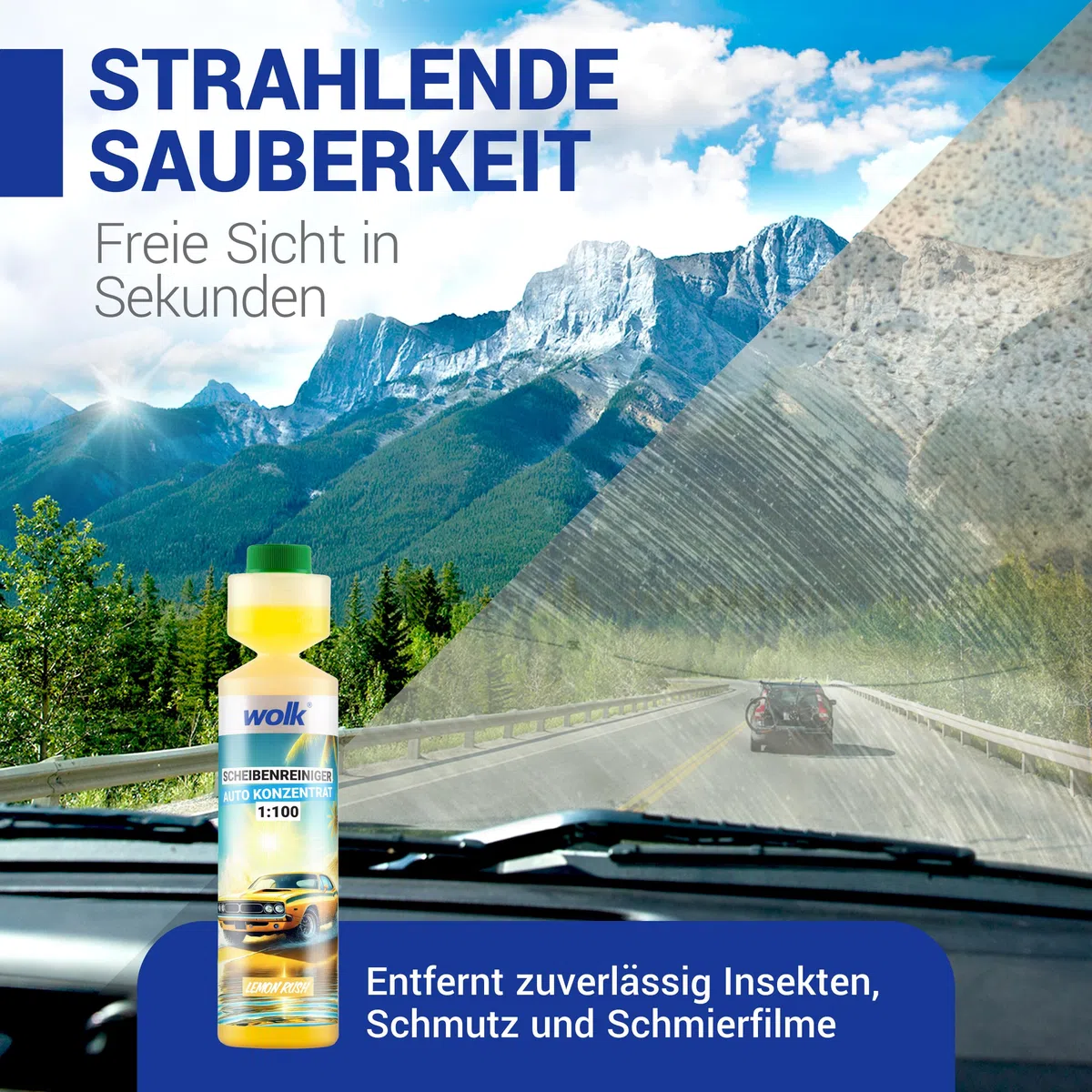 wolk 3x Scheibenreiniger Auto Konzentrat 1:100 - Scheibenwischwasser 250ml | Ergibt 75L Wischwasser Auto mit Lemon Duft, als Scheibenklar Sommer Reinigungsessenz für glasklare Sicht, Auto Gadgets