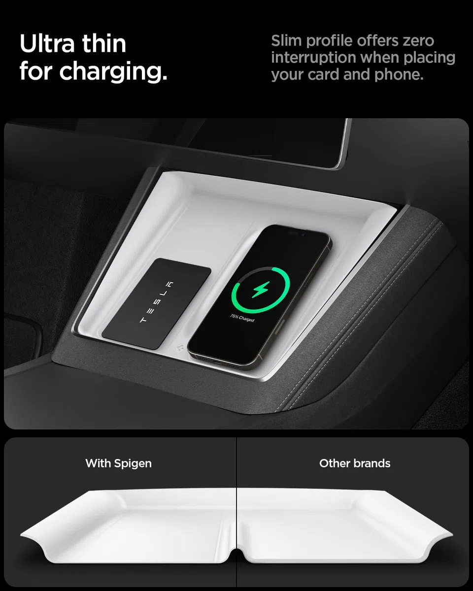 Spigen Tesla Model Y Juniper (Nur Premium & Performance) Mittelkonsole Organizer Abdeckung für Ladepad [Ultradünnes 0,8mm Design] Silikonabdeckung für Model Y Juniper 2025 2026 Zubehör - Weiß