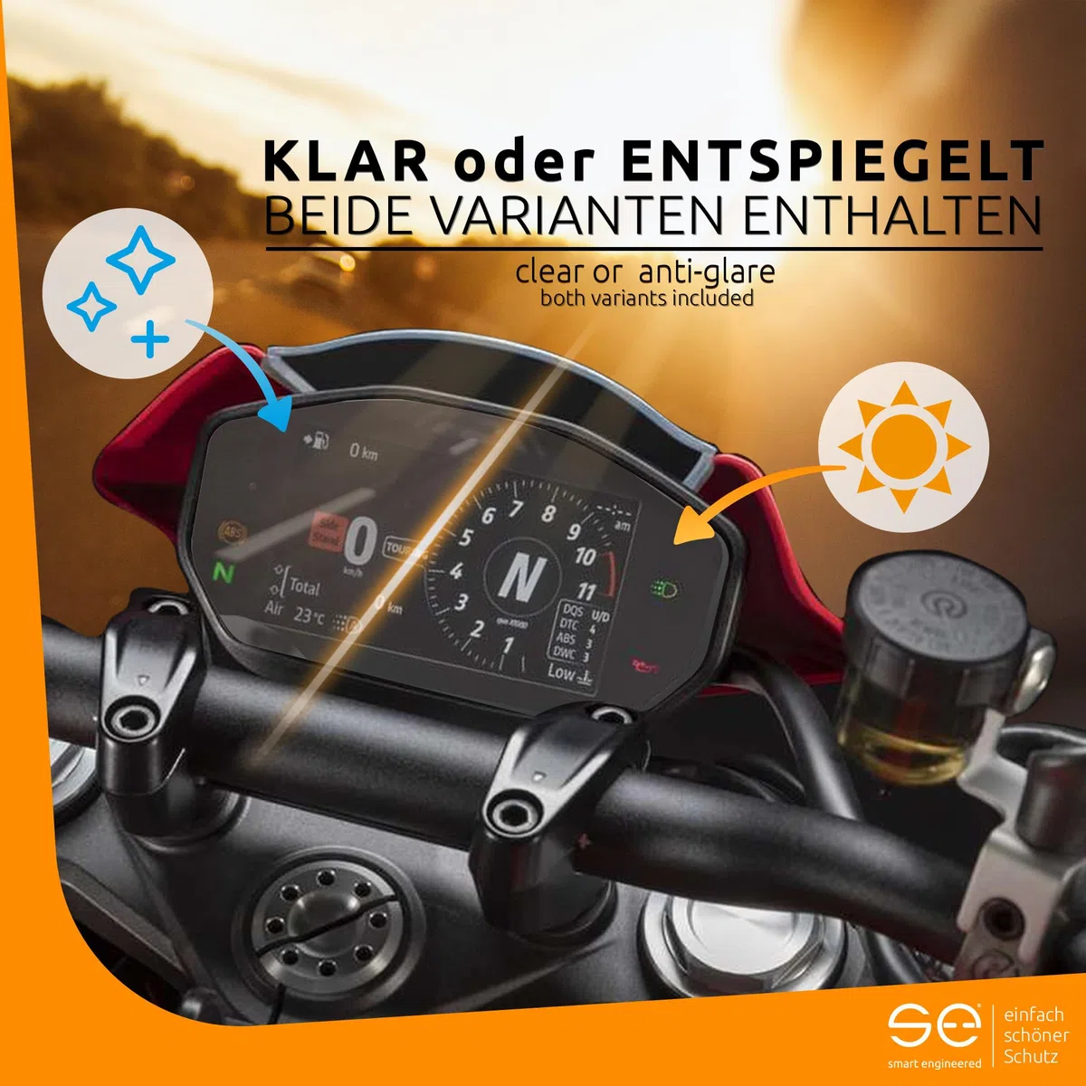 s.e. 2x 3D Tacho-Schutzfolie für Ducati Cockpit-Tacho, entspiegelt, Anti-Kratzer, Anti-Steinschlag, Tachofolie matt für Instrumenten Anzeige, Klar & Matt enthalten