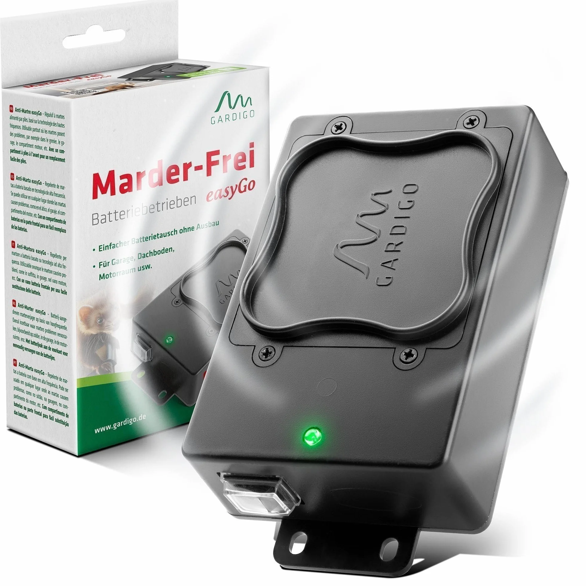 Gardigo® Marderschreck Auto Batteriebetrieben | Ultraschall Marderabwehr | 12-24 kHz | Batterietausch ohne Ausbau | Mobiler Marderschutz für KFZ, Motorraum, Dachboden, Haus | Marder vertreiben