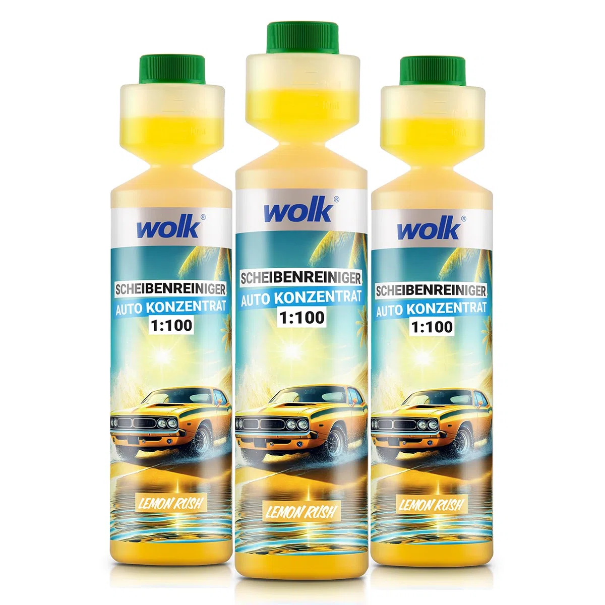 wolk 3x Scheibenreiniger Auto Konzentrat 1:100 - Scheibenwischwasser 250ml | Ergibt 75L Wischwasser Auto mit Lemon Duft, als Scheibenklar Sommer Reinigungsessenz für glasklare Sicht, Auto Gadgets