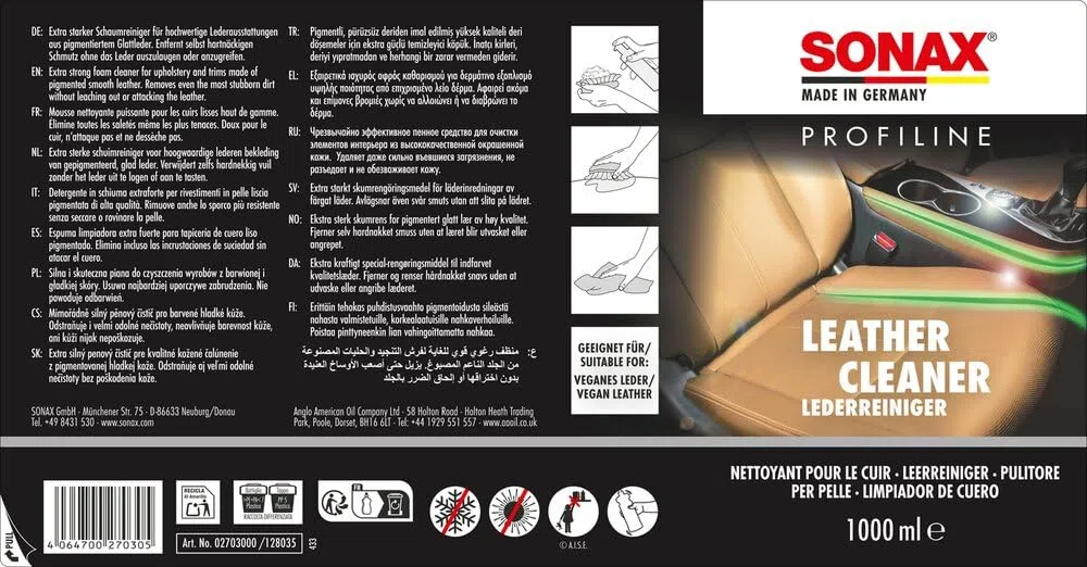 SONAX PROFILINE LeatherCleaner (1 Liter) extra starker Schaumreiniger für hochwertige Lederausstattungen aus pigmentiertem Glattleder | Art-Nr. 02703000