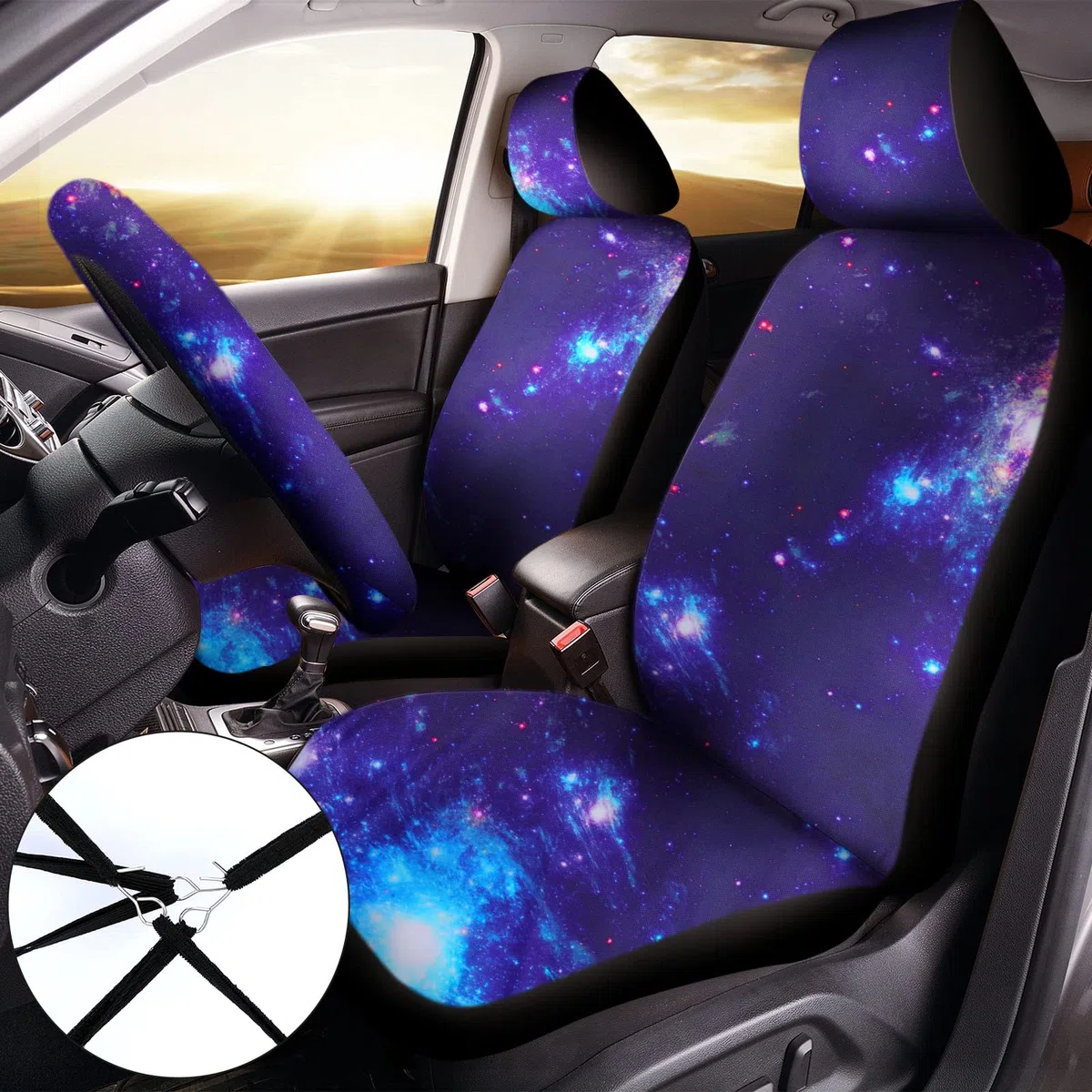 Frienda 15 Stück Galaxy-Autositzbezug Lenkradbezug Universal Stern Space Galaxy Auto Zubehör Separate Kopfstützenbezüge Sicherheitsgurtpolster passend für Auto LKW Van SUV