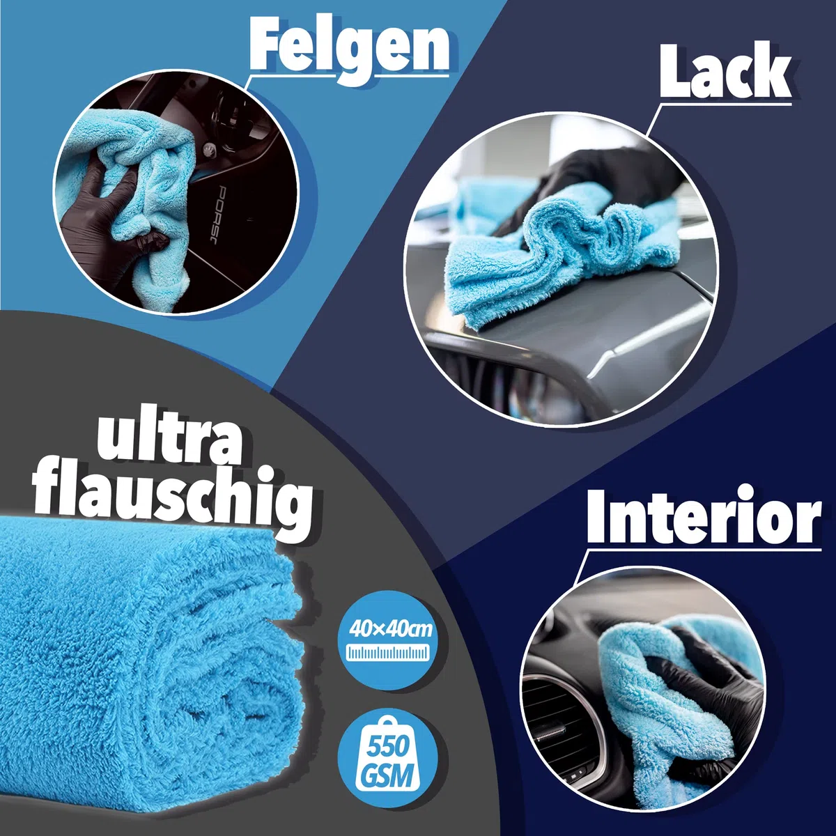 detailmate Auto Microfasertücher 40x40 550GSM randlos & lackschonend | 10 x Autopflege Mikrofasertuch für Innenraum, Lack, Felgen | Weiches Tuch Reinigungstuch Poliertuch