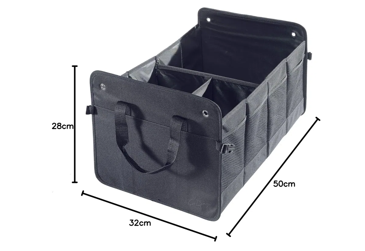 Kofferraumtasche groß aus Polyester mit stabilem Boden - Klappbox Kofferraumbox Faltbox Organizer Autobox Tasche Auto Kofferraum Zubehör (schwarz)
