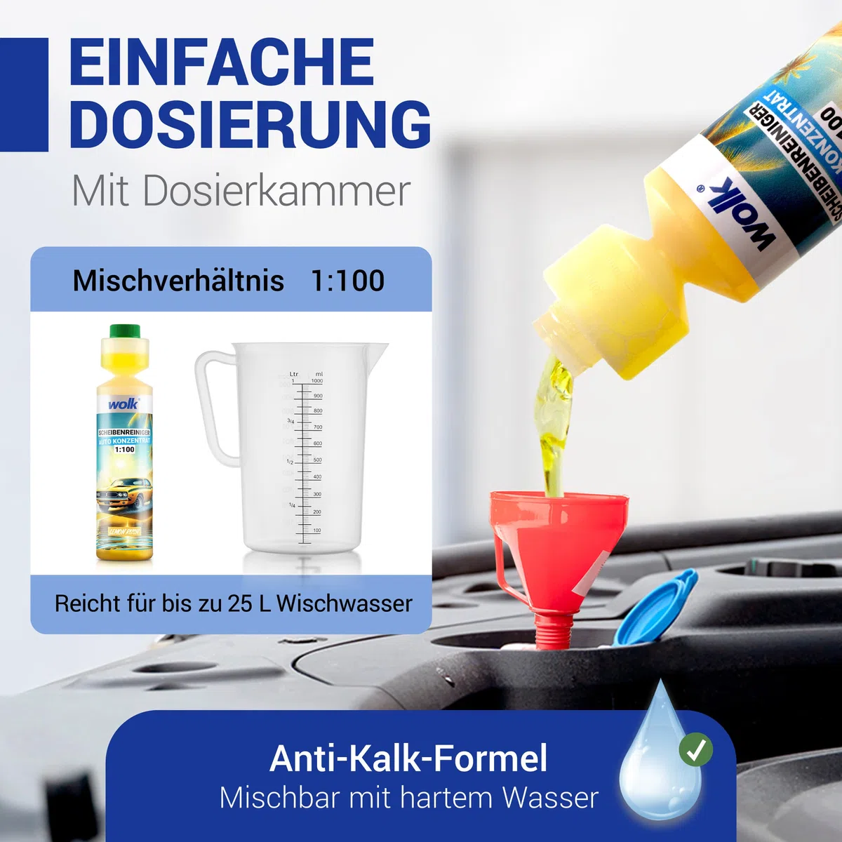 wolk 3x Scheibenreiniger Auto Konzentrat 1:100 - Scheibenwischwasser 250ml | Ergibt 75L Wischwasser Auto mit Lemon Duft, als Scheibenklar Sommer Reinigungsessenz für glasklare Sicht, Auto Gadgets