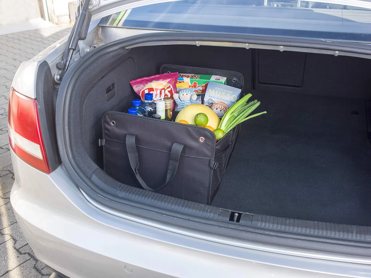 Kofferraumtasche groß aus Polyester mit stabilem Boden - Klappbox Kofferraumbox Faltbox Organizer Autobox Tasche Auto Kofferraum Zubehör (schwarz)