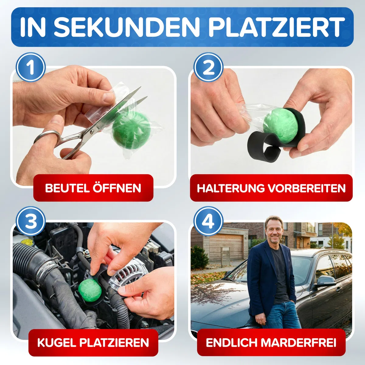 Marder Power Kugeln [5 Stück] für maximale Marderabwehr Auto - 6 Monate Marderschutz für Auto - effektive Marderschreck-Kugeln inkl. PKW-Halterung