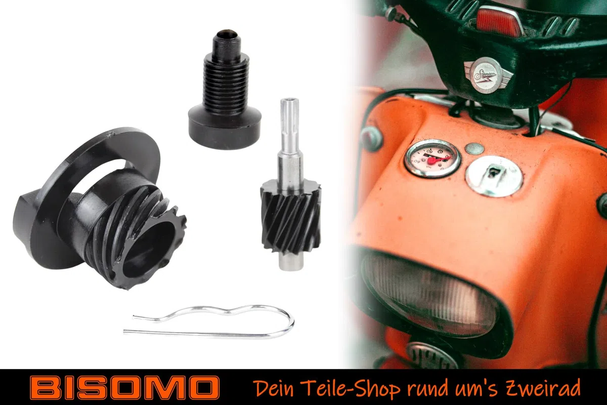 Tachoantrieb mit Lagerstück, Schraubenrad, Schraubenritzel + Feder für Simson S51, S70, SR50, SR80, KR51/2, Tachometerantrieb 4-teilig