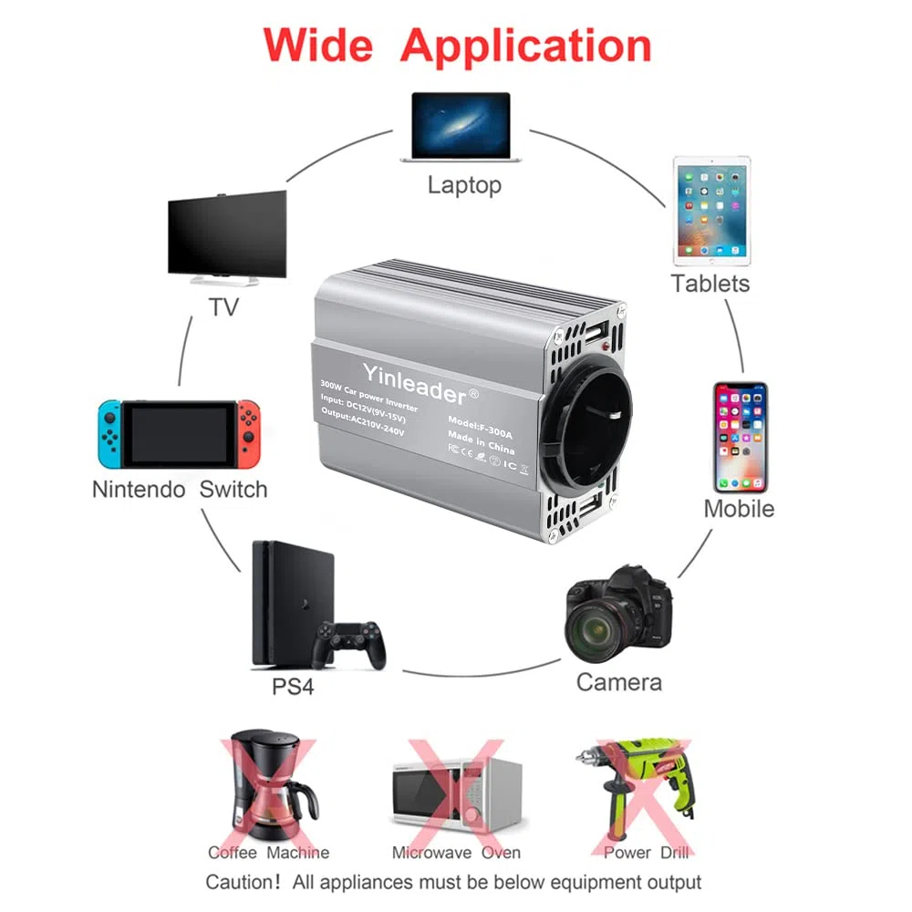 Yinleader 300W Wechselrichter 12V auf 230V Spannungswandler Auto Inverter mit EU Steckdose und Dual USB Ports, KFZ Stromwandler für Zigarettenanzünder - Ladegerät für Laptop, Tablet, Smartphone