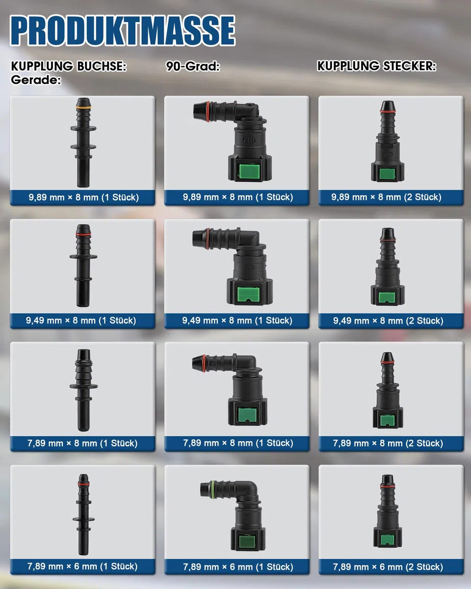 16 Teilig Schnellverschluss Benzinschlauch Set Kraftstoffleitung SAE 9,89x8 mm 9,49x8 mm 7,89x8 mm 7,89x6 mm Nylon Schnellverbinder Gerade Winkel Steckkupplung für Auto Motorrad Boot