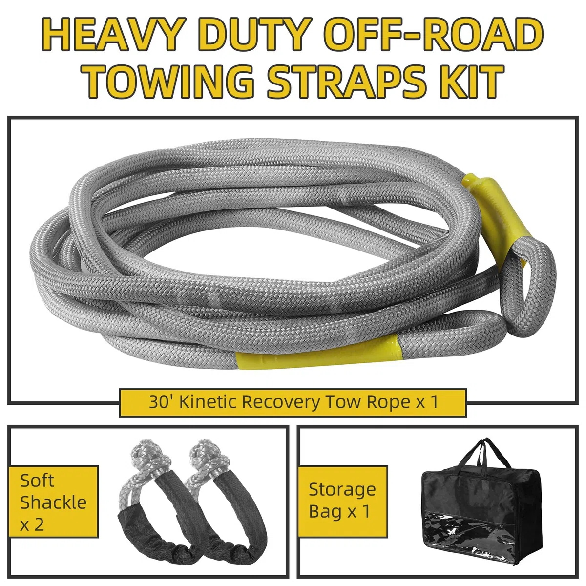 Kinetic Recovery Abschleppseil (22 kg) mit 2 weichen Schäkeln (25,4 kg), robustes Offroad-Abschleppgurt-Set für SUV, UTV, ATV, LKW, Jeep, Geländewagen, Bergung, 2,5 cm x 9,2 m