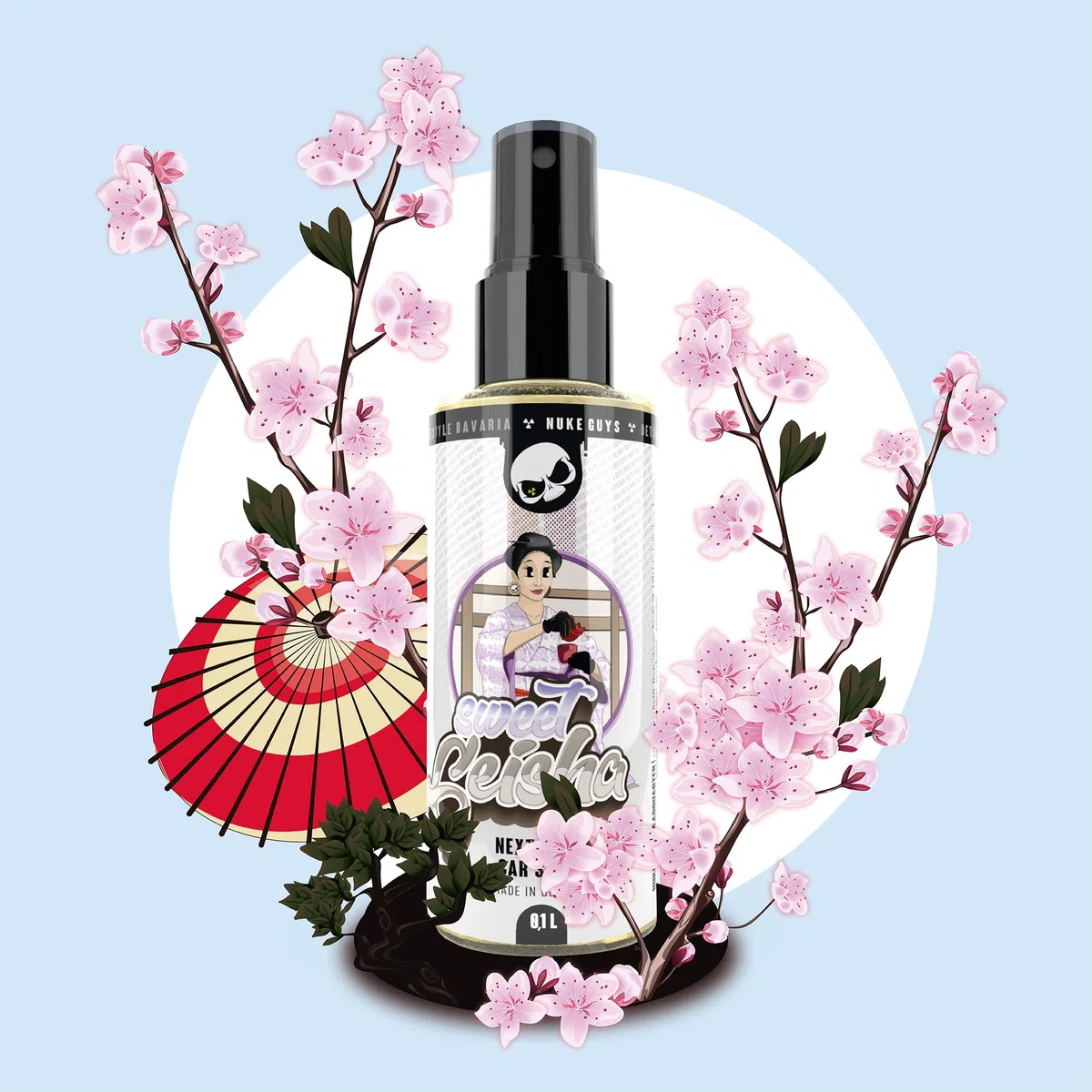 Nuke Guys Car Scents Set | 4 x 100ml Auto Duft Spray Autoparfüm | 1x Sweet Geisha 1x Bubblegum 1x Morgenständchen 1x Flores Scent - Praktischer Lufterfrischer | angenehmer Autoduft für den Innenraum