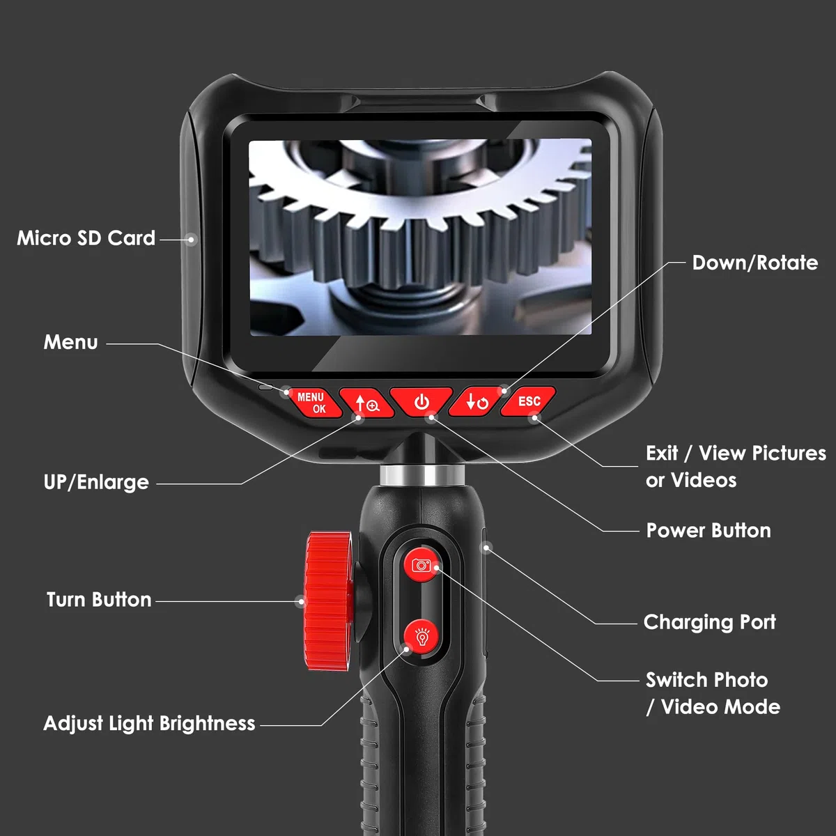 2-Wege-Gelenk-Endoskop, 1080P HD 1080P Industrielle Endoskopkamera mit Licht, IP67 Wasserdicht, Flexible Glasfaser für Mechaniker, Automobil, HVAC, Wandinspektion
