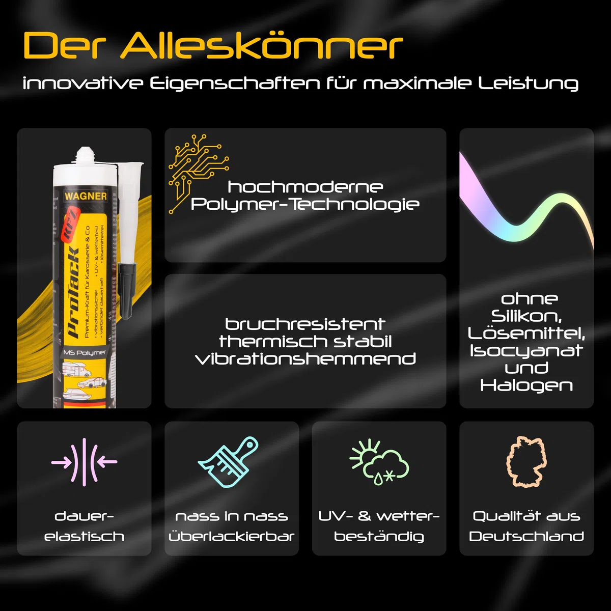 Wagner ProTack KFZ Hochleistungskleber schwarz 310 ml | entwickelt für Auto, Boot, Wohnmobil und Caravan | Ersetzt Schrauben und Schweißnähte durch dauerhafte, vibrationssichere Verklebungen