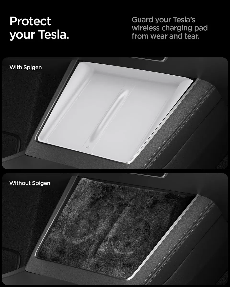 Spigen Tesla Model Y Juniper (Nur Premium & Performance) Mittelkonsole Organizer Abdeckung für Ladepad [Ultradünnes 0,8mm Design] Silikonabdeckung für Model Y Juniper 2025 2026 Zubehör - Weiß