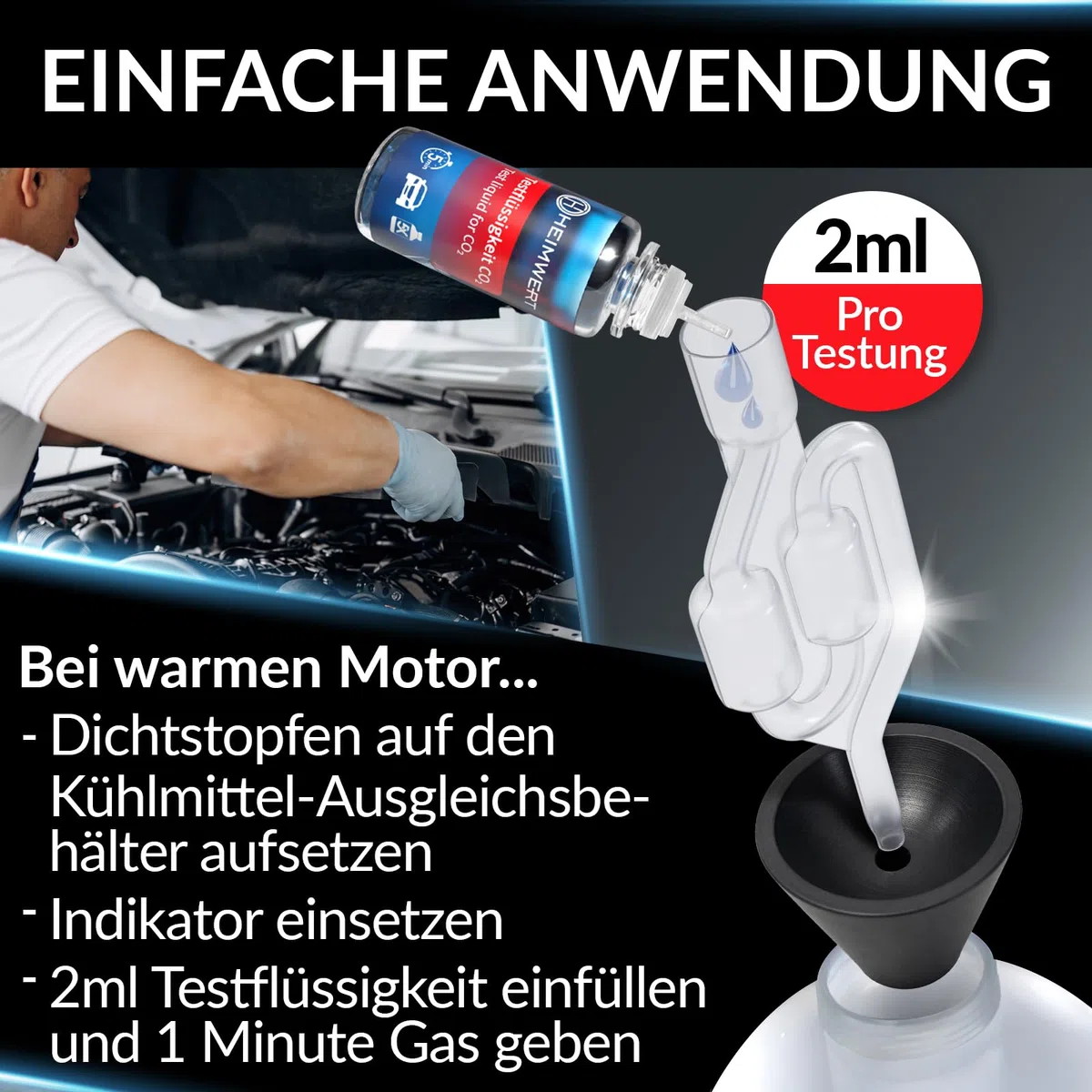 Heimwert Zylinderkopfdichtung Tester ohne Herumschrauberei - extrem günstiger und zuverlässiger Kühlmittel Dichtheitstest per Farbwechsel - co2 Tester Kühlwasser u Zylinderkopf KFZ u Motorrad (10 ml)
