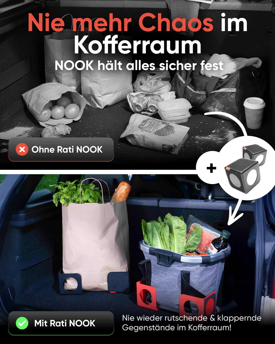 rati Nook 2x Kofferraum Organizer Klett & Antirutschpads [100% Recycelt] Gepäckfixierung Kofferraum - Designprämiert iF Award - Universal Auto Zubehör für Taschen Flaschen Boxen usw. - Schwarz